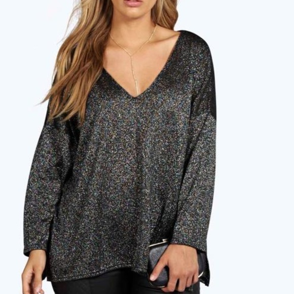 Boohoo Plus Tops - NWT Boohoo Plus V Neck Split Side Glitter Jumper🎉